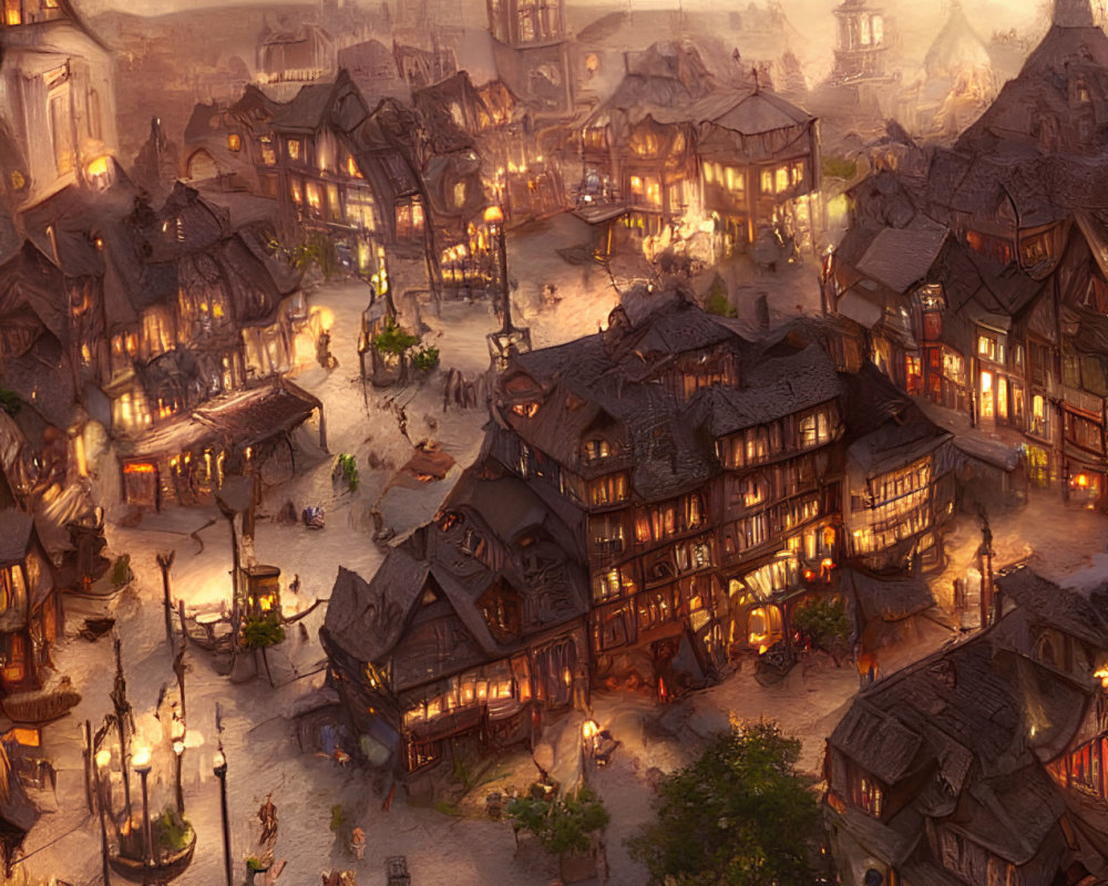 Medieval village at dusk with glowing lanterns and timber-framed houses