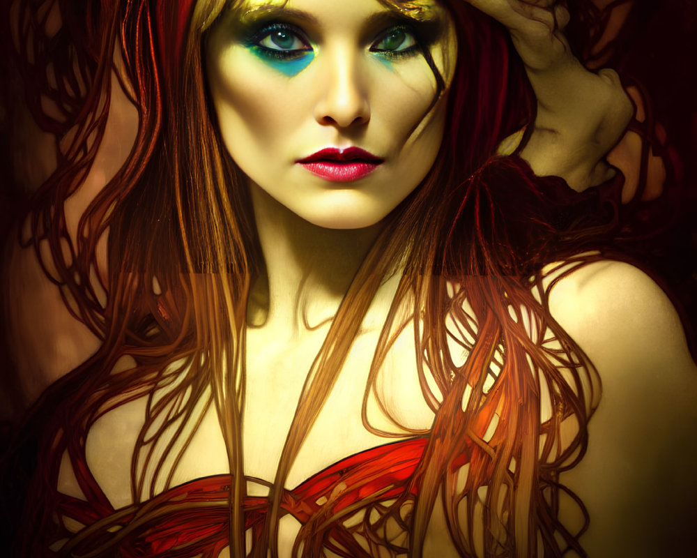 Vibrant red hair woman with bold blue and red makeup in artistic pose