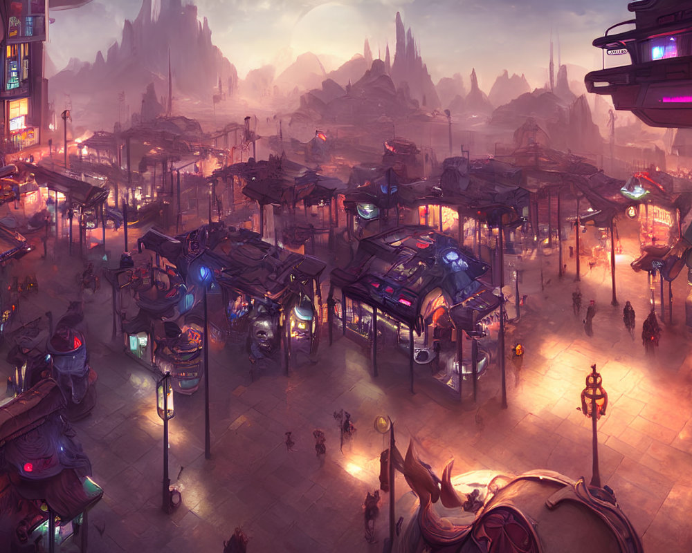 Vibrant sci-fi cityscape with neon signs and futuristic stalls