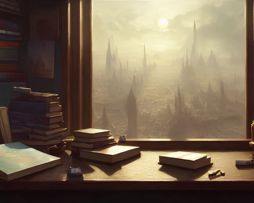 Books stacked on windowsill overlooking fantastical city at sunset