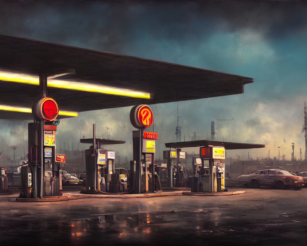 Dystopian gas station with neon signs and futuristic cityscape