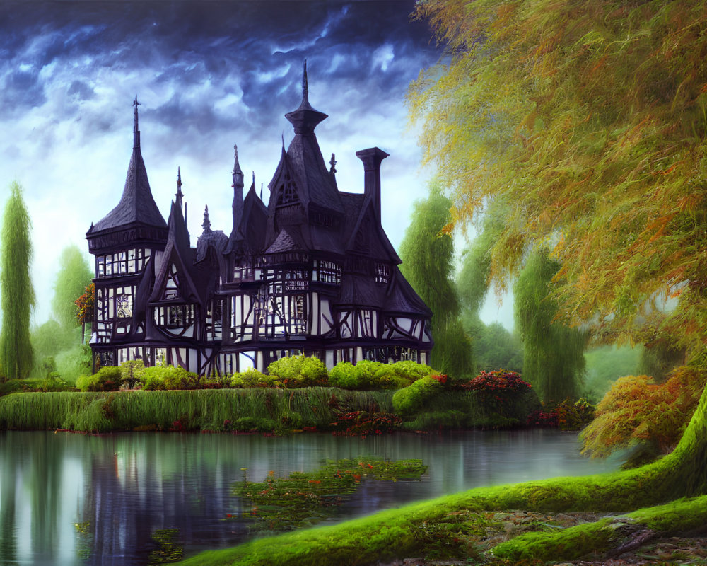 Ornate black house with spires near serene lake