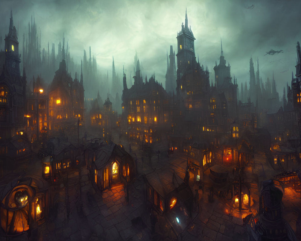 Gothic cityscape at dusk with illuminated buildings and spires under a cloudy sky