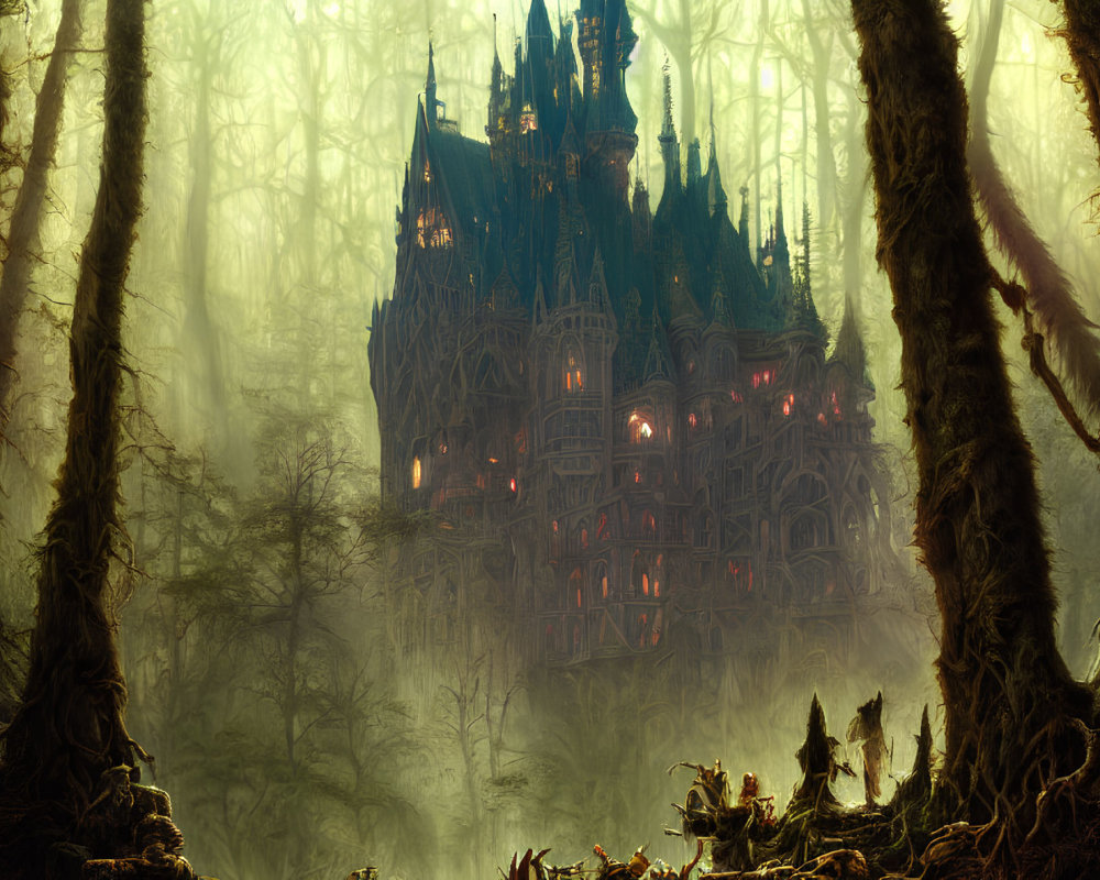 Eerie Gothic castle in misty ancient forest with glowing windows