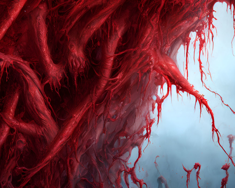 Vivid red roots against misty blue background