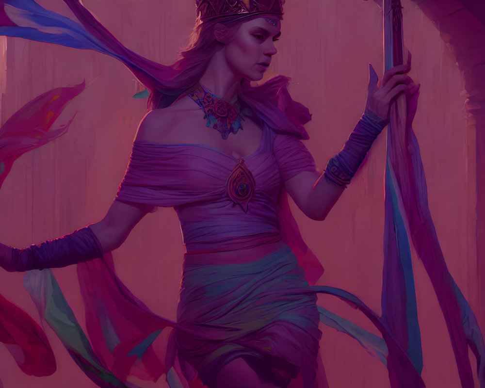 Regal woman in flowing dress and crown with staff in vibrant pink and purple hues