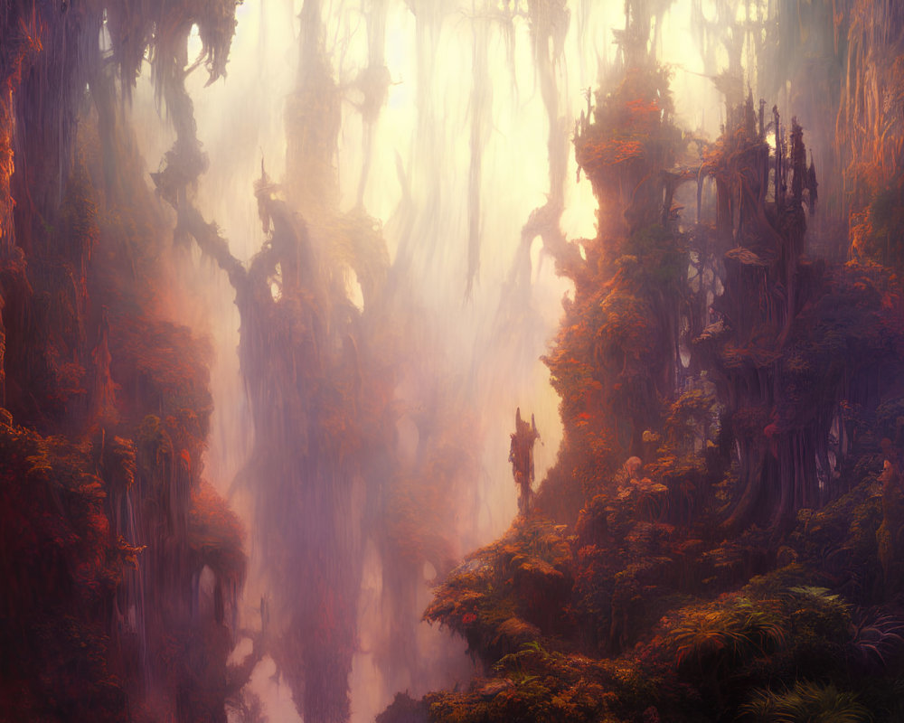 Mystical Forest with Towering Moss-Covered Trees