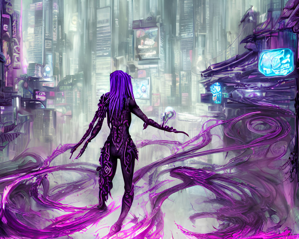 Purple tendrils figure in neon-lit futuristic cityscape with skyscrapers.