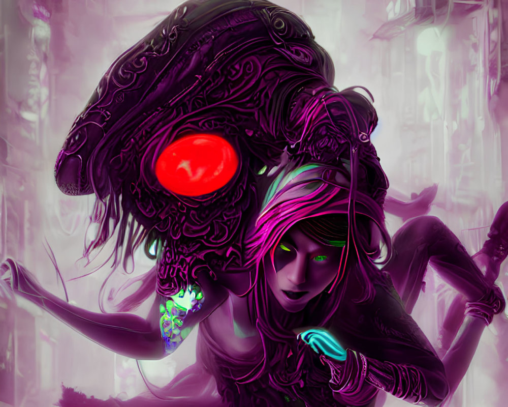 Mystic female figure with neon accents and elaborate headgear in cyberpunk cityscape.