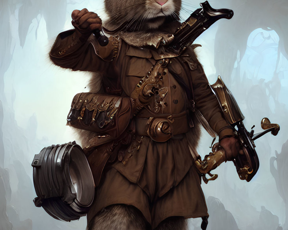 Steampunk-themed anthropomorphic rabbit with sword, pistol, and mechanical arm