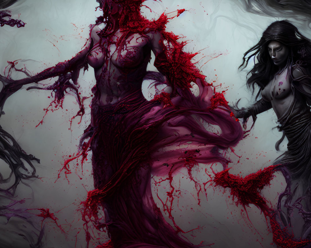 Dark Fantasy Scene: Female Figure with Swirling Dark and Red Tendrils