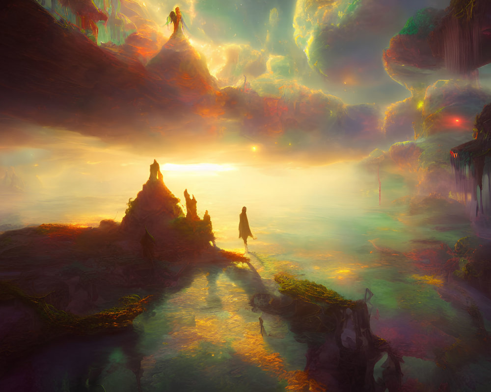 Fantastical landscape with cloaked figure, floating islands, and waterfalls