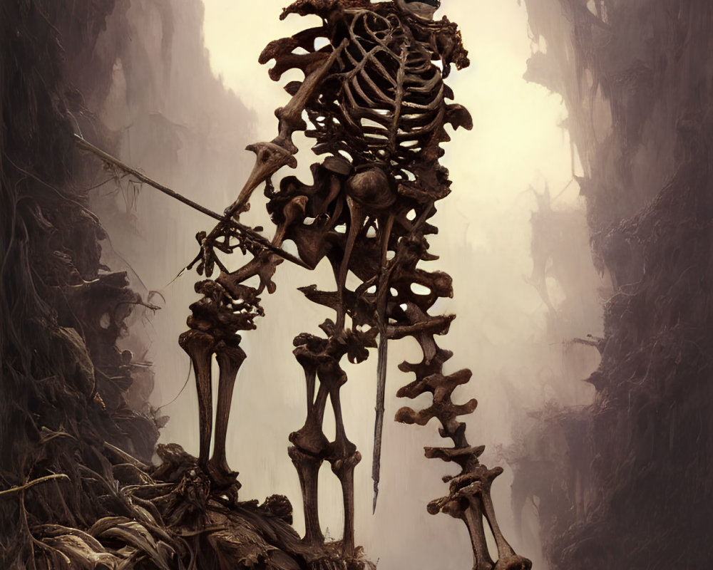 Skeleton with Spear on Bone Pile in Misty Chasm