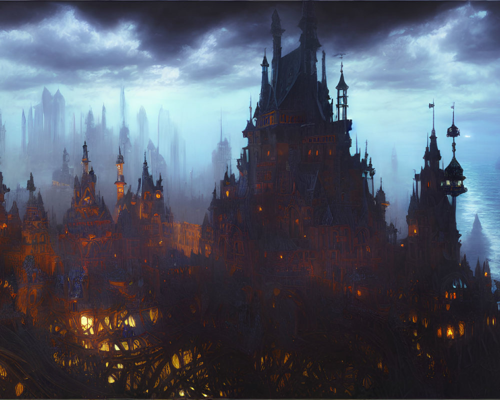 Gothic castle with spires by misty sea at night.