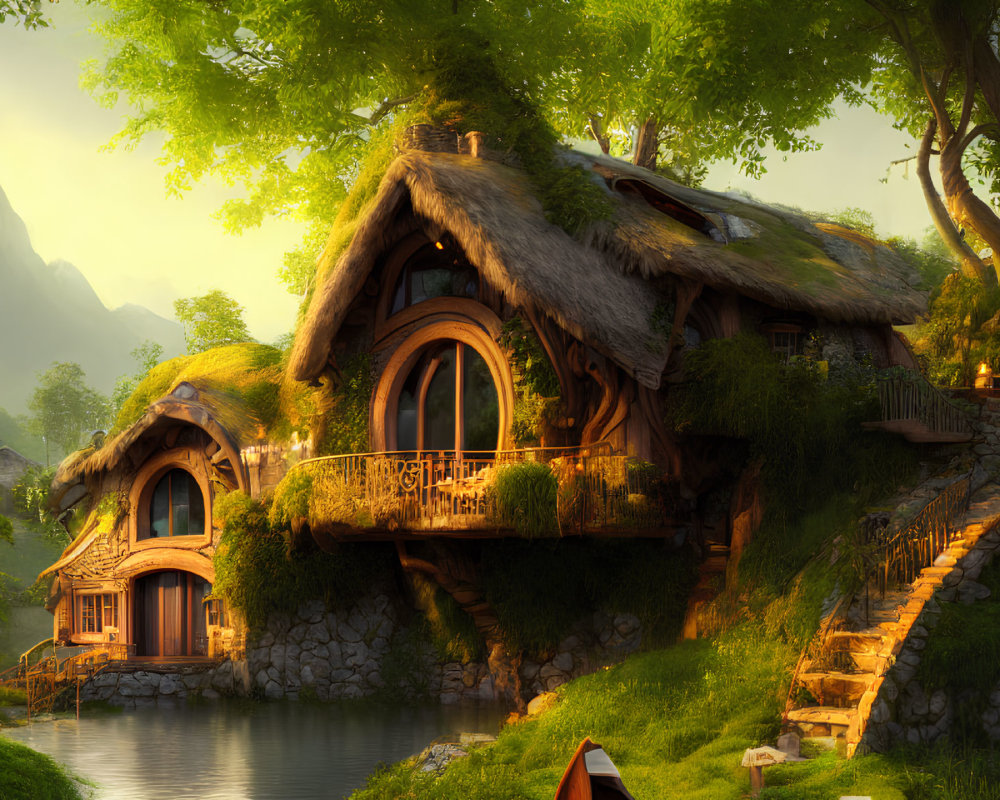 Charming fantasy cottage with thatched roofs in serene lakeside setting