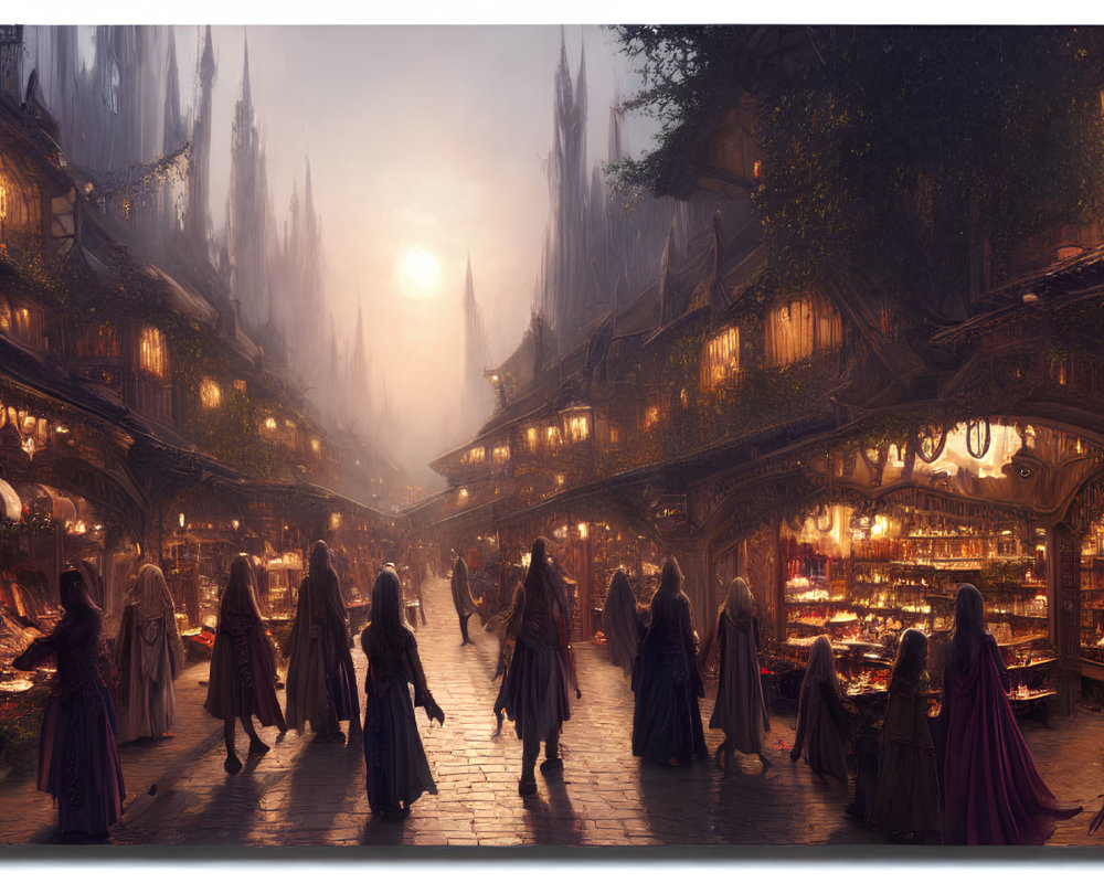 Cloaked figures in medieval market street at dusk