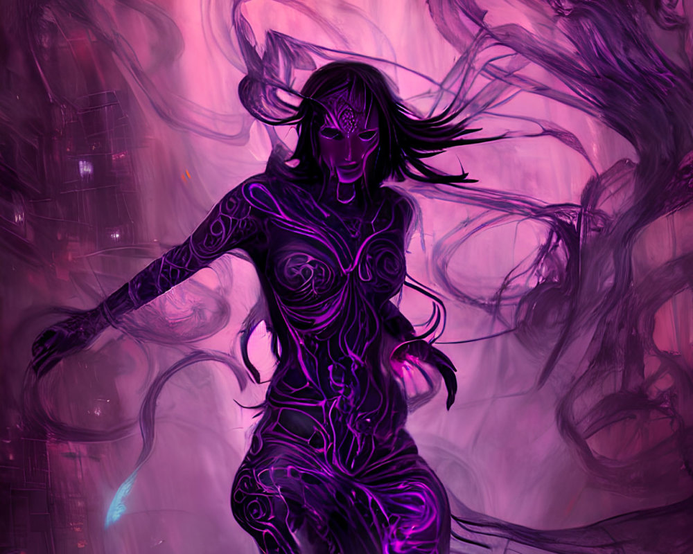 Colorful illustration of figure with glowing purple patterns against crimson and black backdrop