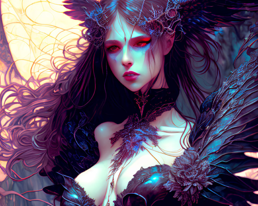 Fantastical female figure with ornate horns and dark wings in moonlit backdrop