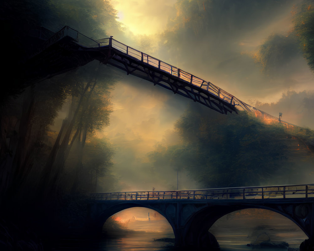 Ethereal sunrise over wooden and stone bridges crossing gentle river