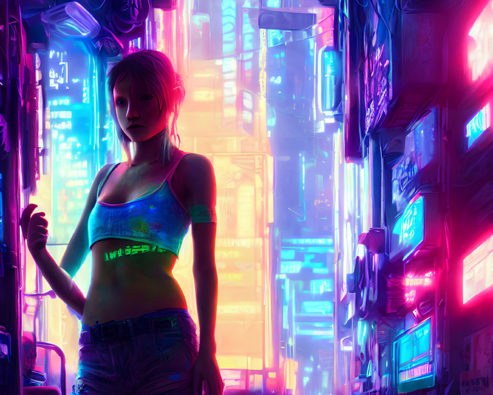 Vibrant neon-lit futuristic alley with luminous skyscrapers