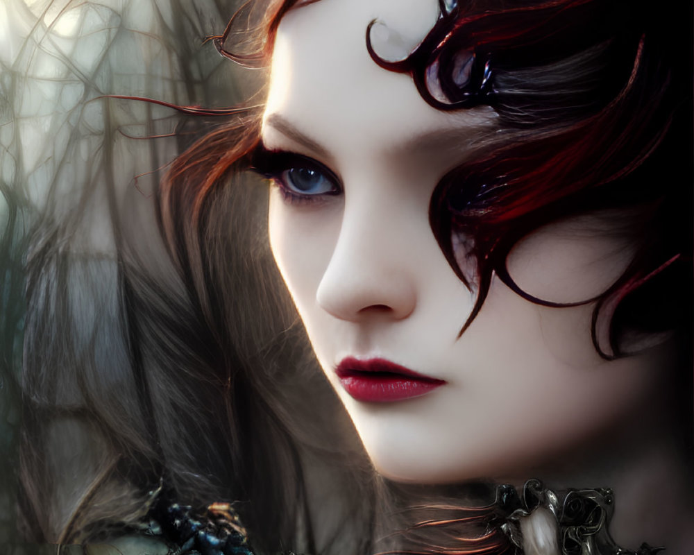 Digital portrait of woman with pale skin, dark hair, and fantasy creatures on shoulders