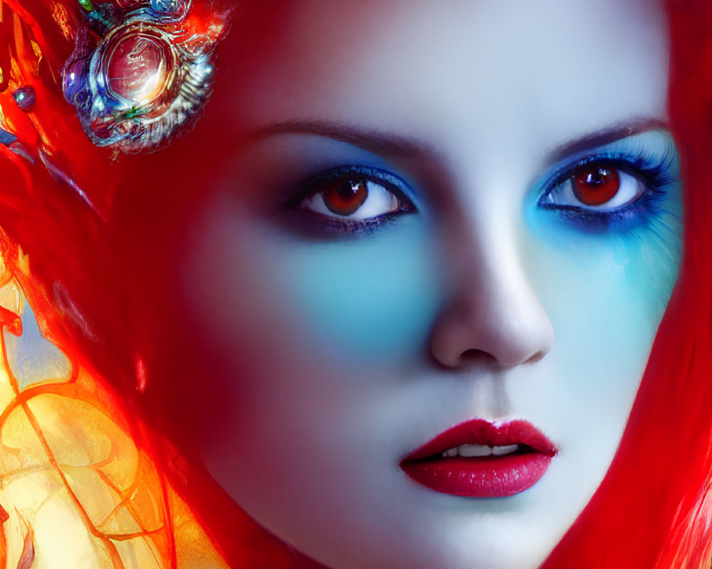 Vibrant red-haired woman with crystal and shell accessories in fiery and icy setting