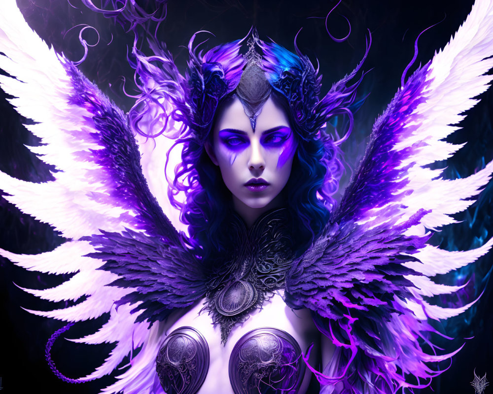 Violet-skinned female figure in dark armor with white wings on mystical background