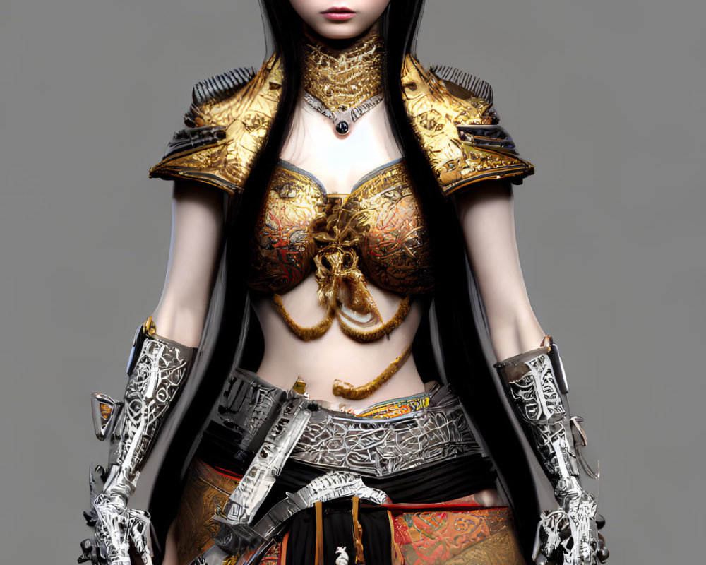 Digital artwork featuring woman in ornate Asian attire with pistols