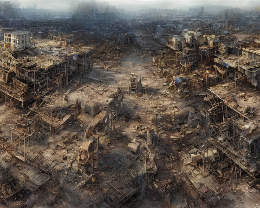 Desolate post-apocalyptic landscape with ruined buildings and debris.