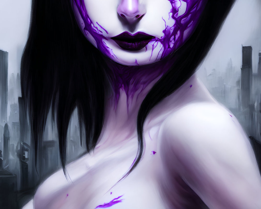 Digital artwork: Woman with purple glow markings on pale skin against cityscape.