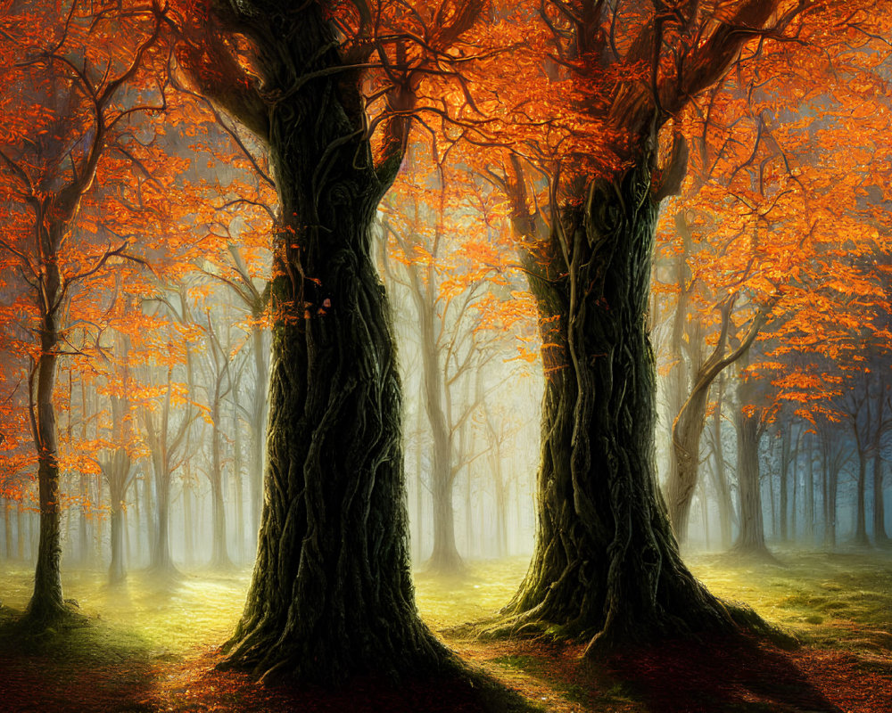 Misty forest scene with vibrant orange trees