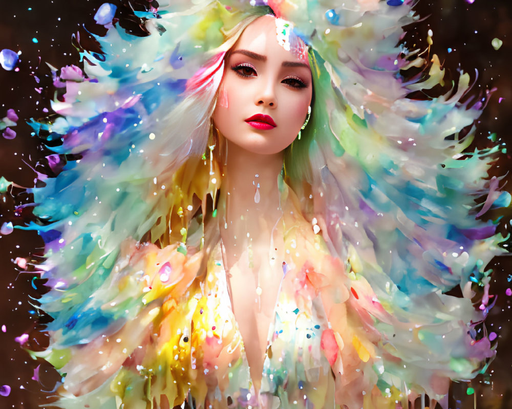 Colorful streaked paint-like hairstyle on a woman with striking makeup and mystical attire