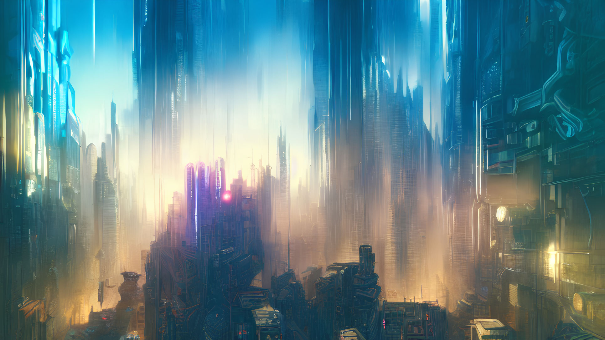 Sunrise illuminates futuristic cityscape with towering skyscrapers and light beams.