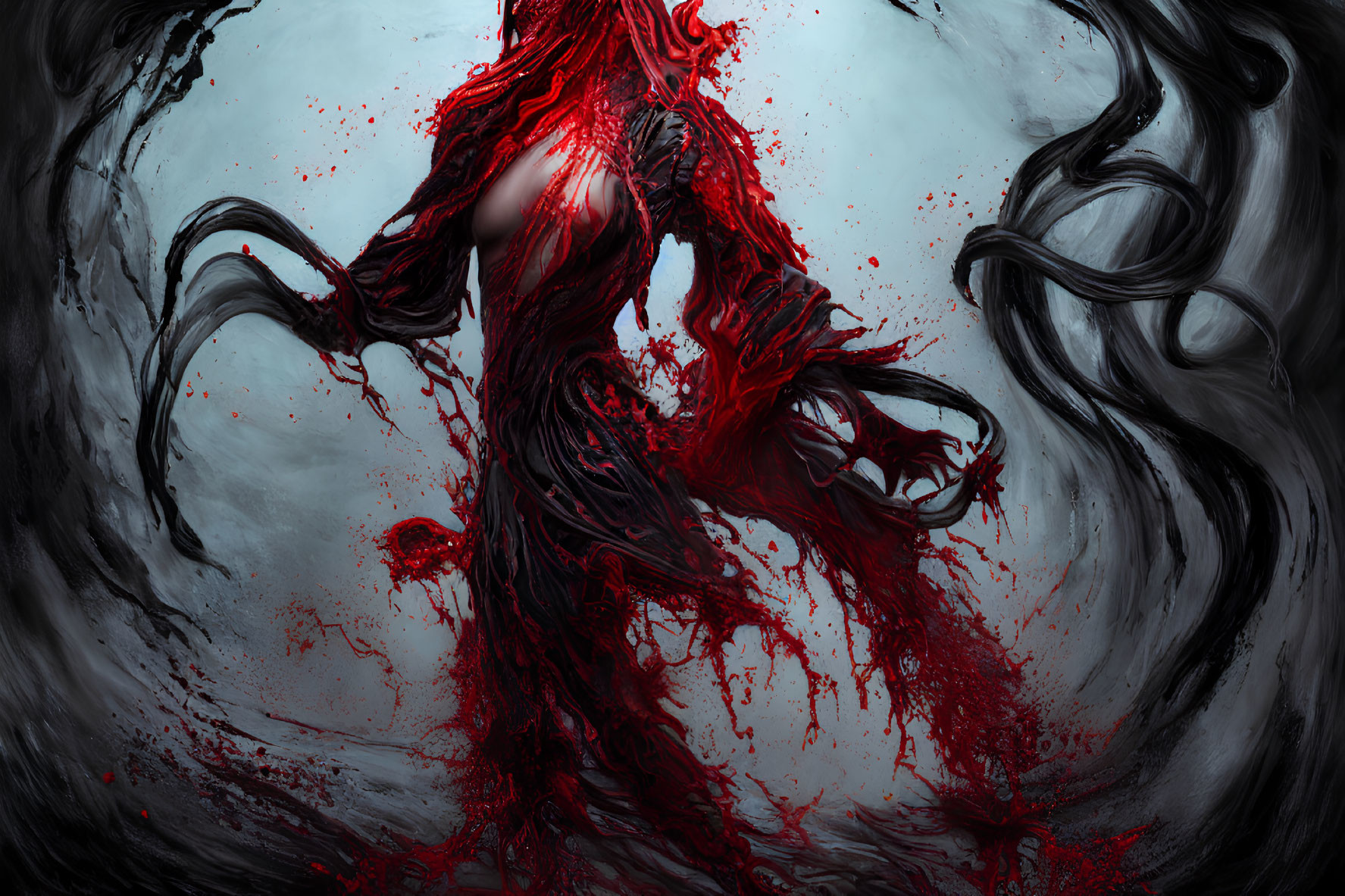 Dramatic swirling red figure in bloody scene on dark backdrop