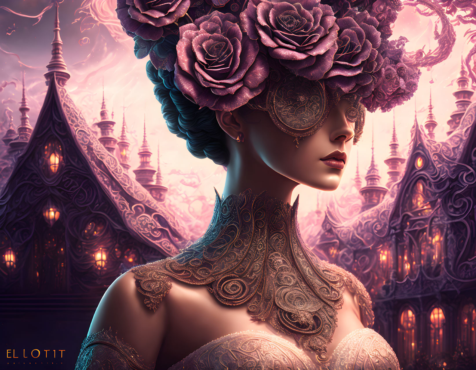 Detailed illustration of woman with floral headwear and lace against fantasy purple spires.