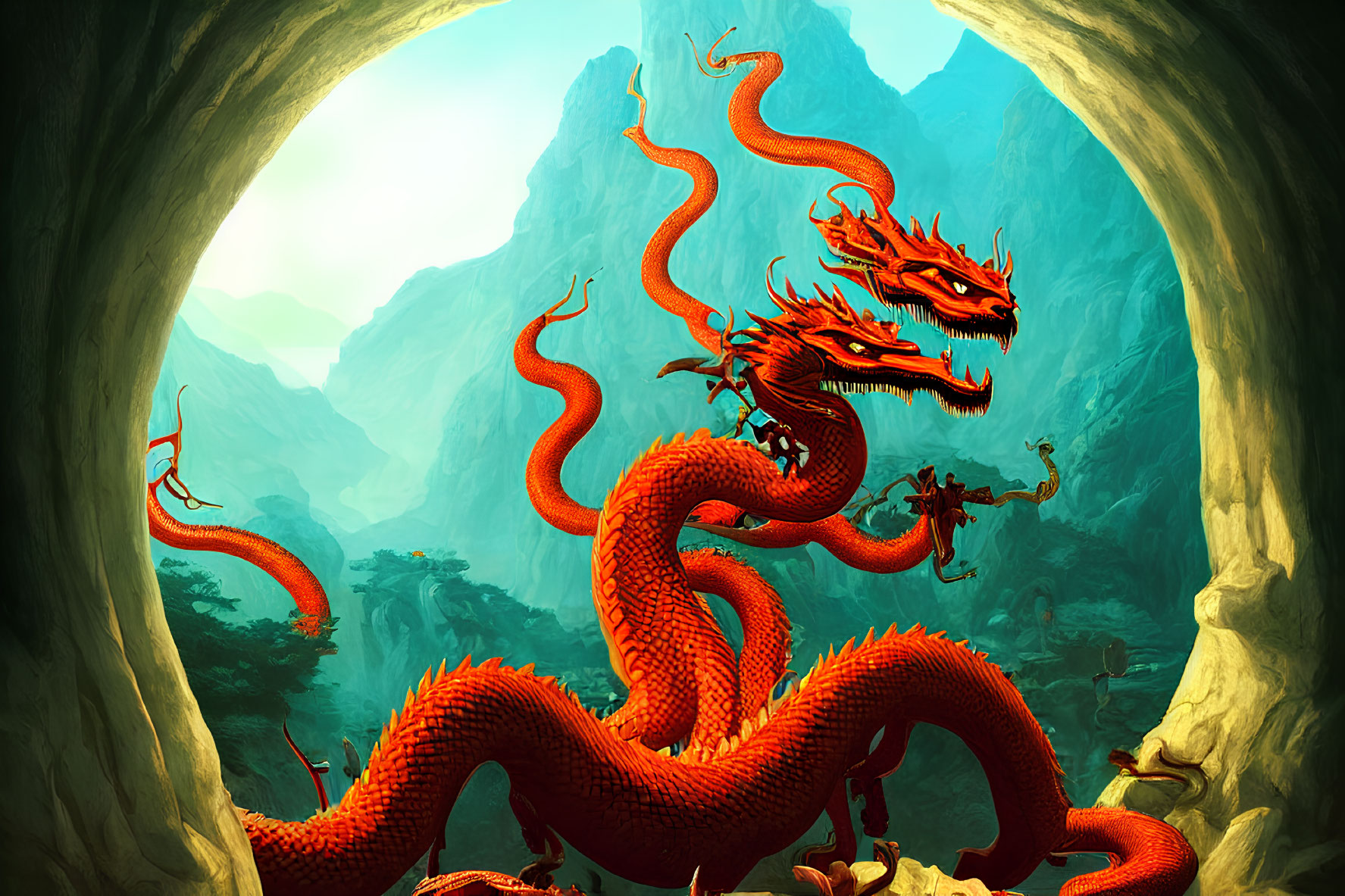 Mythical red dragon with multiple heads in mountainous landscape near a warrior with spear