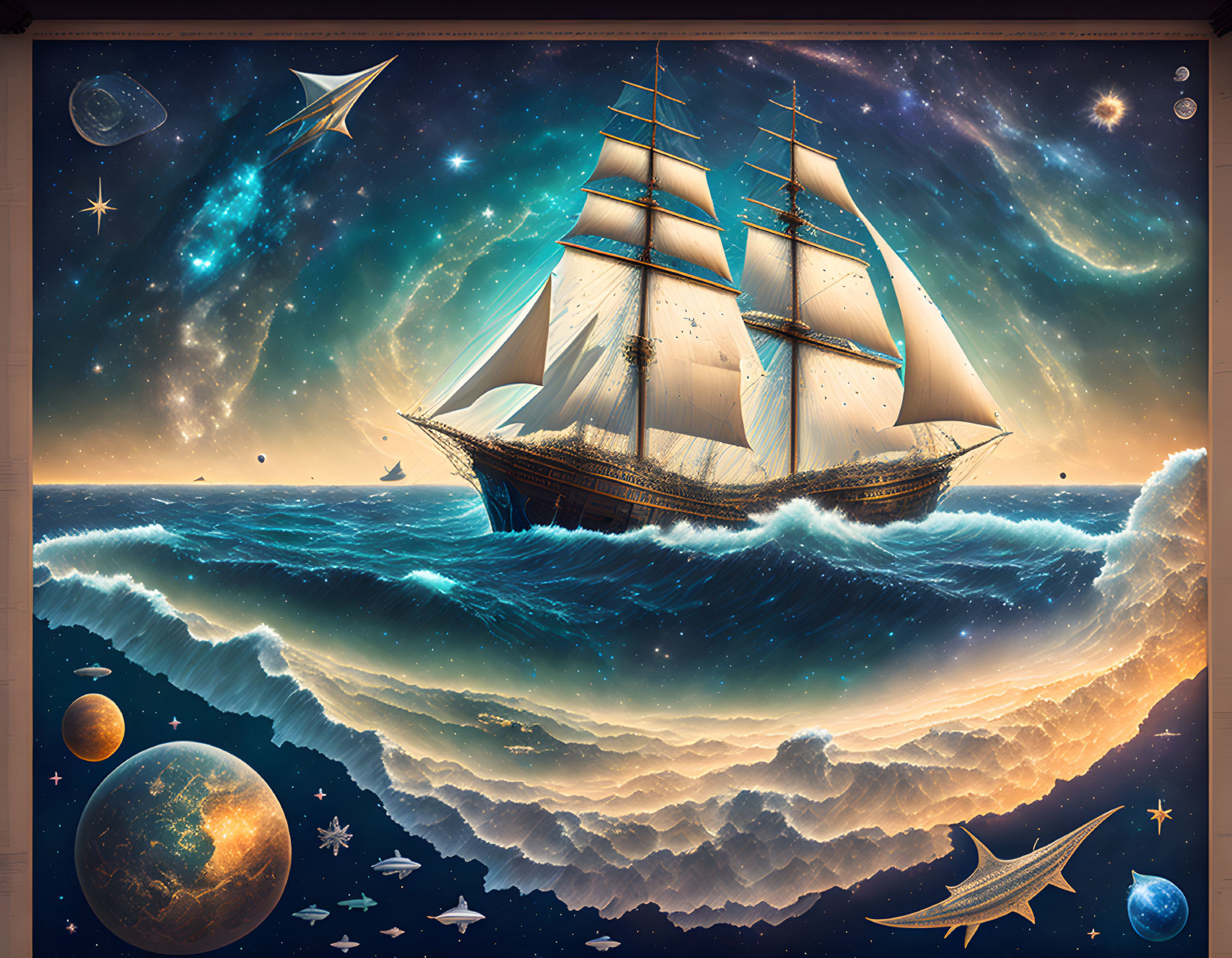 Sailing ship navigating cosmic seas among planets and stars