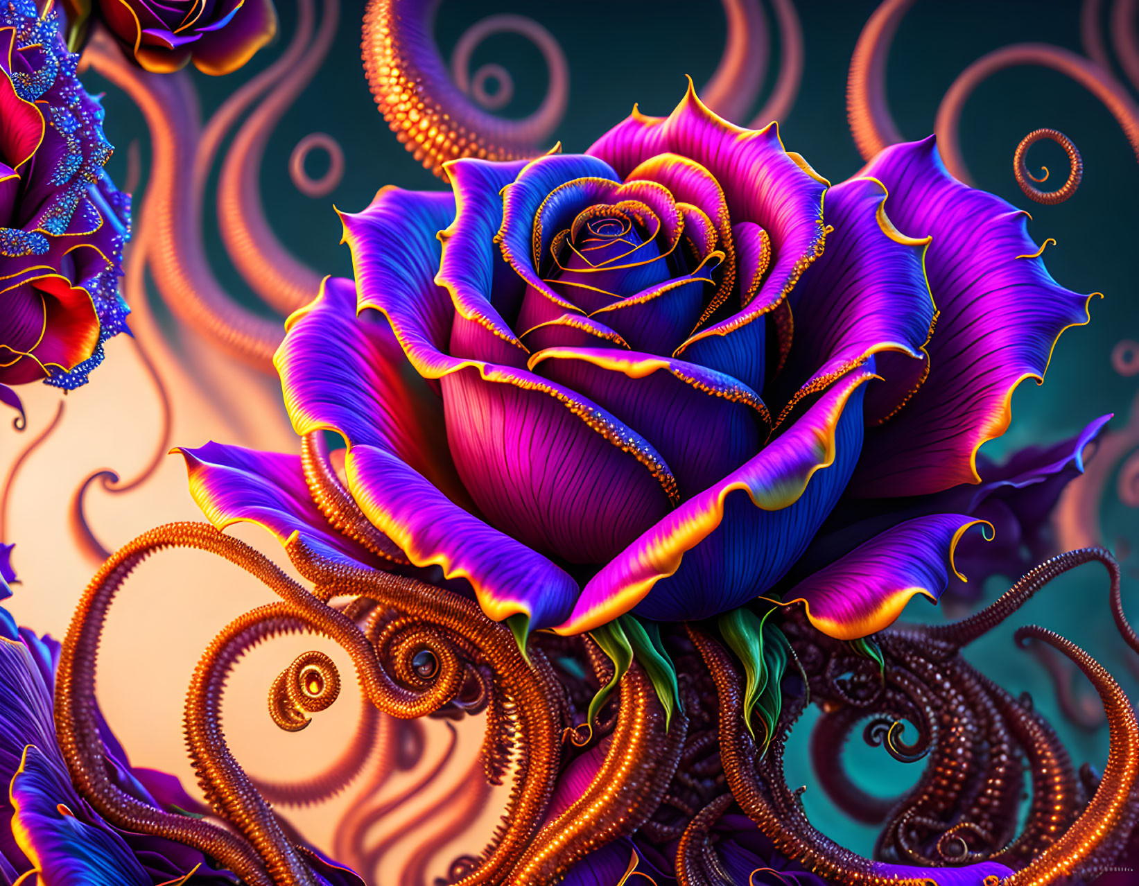 Colorful Digital Art: Purple and Blue Rose with Golden Highlights and Fractal Spiral Designs