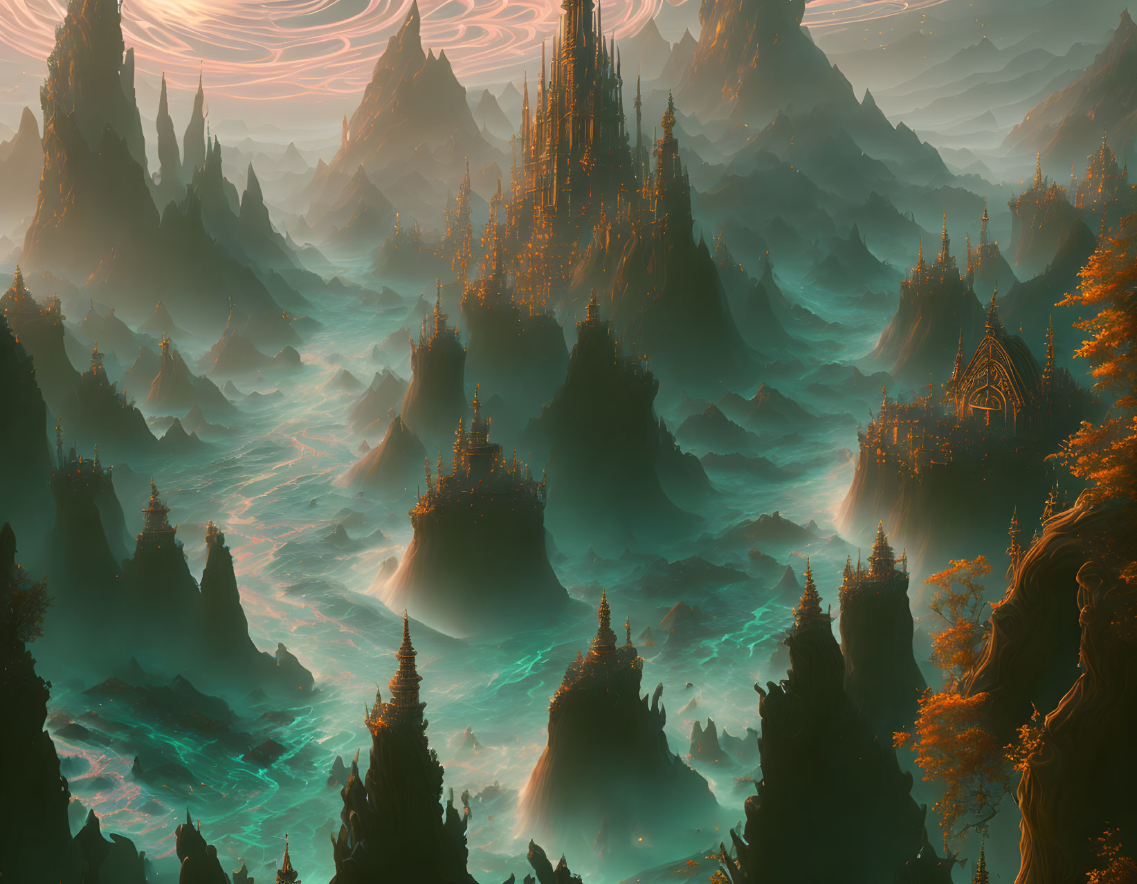 Fantastical landscape with misty mountains and towering spires