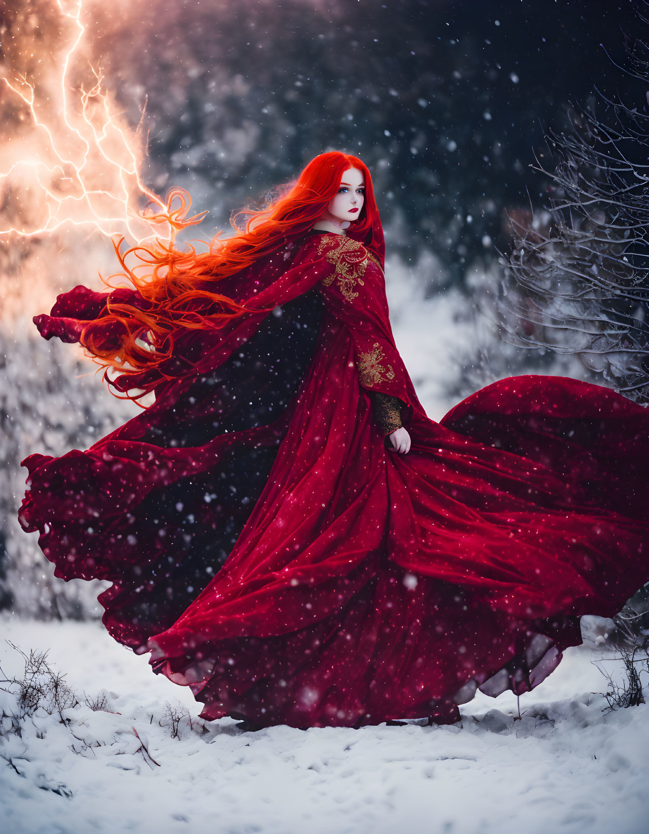 Vibrant red-haired woman in crimson gown in snowy scene with lightning