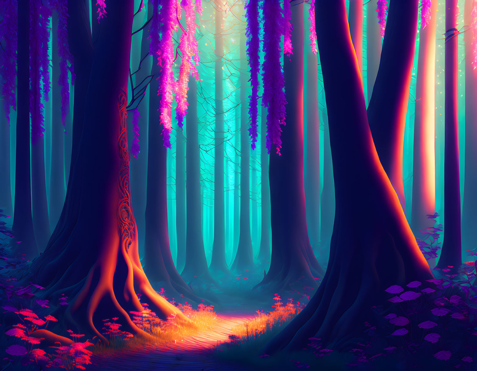 Enchanted forest with purple flowers, ornate trees, misty path, and blue depths