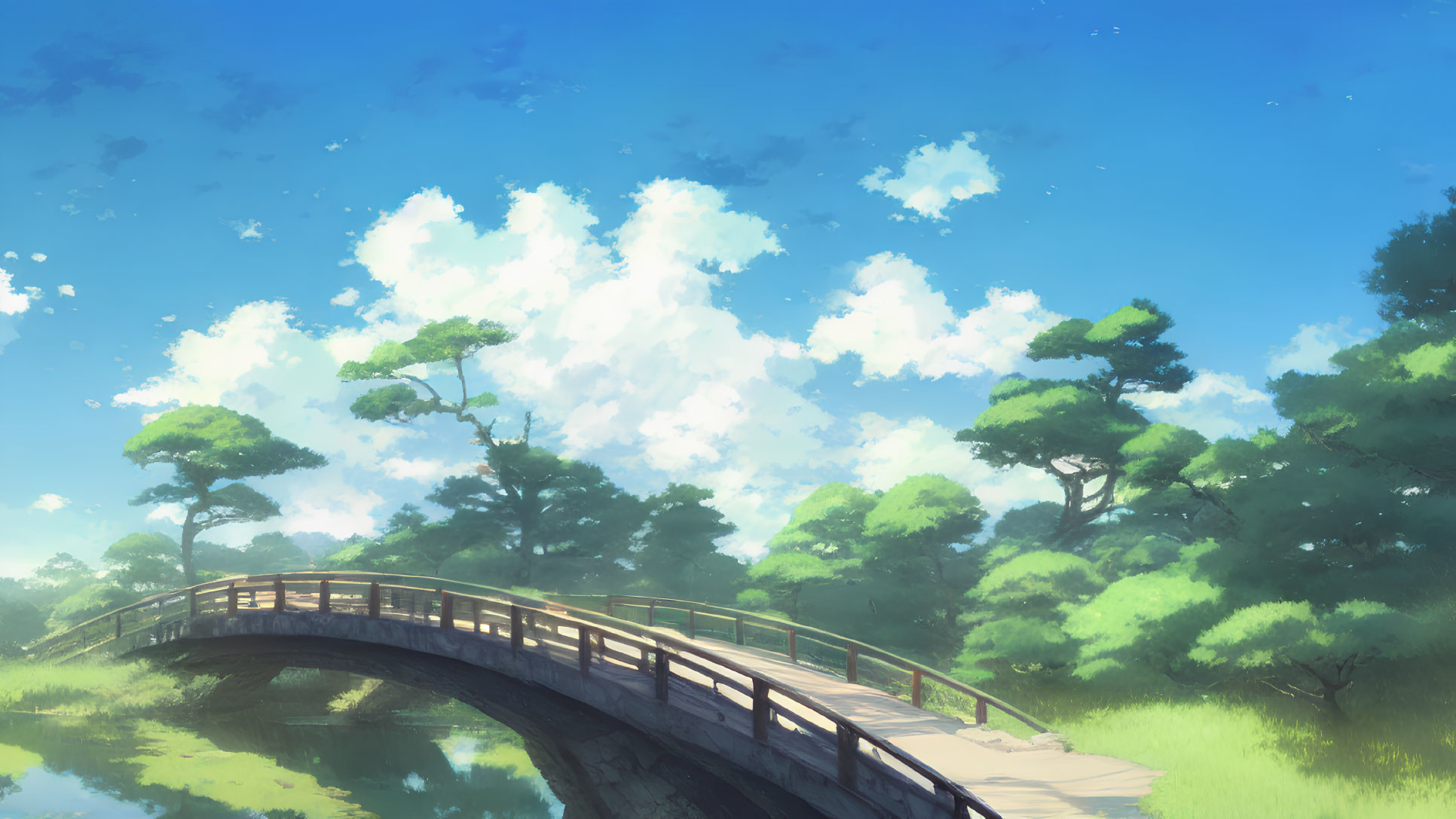 Tranquil Landscape with Wooden Bridge over River