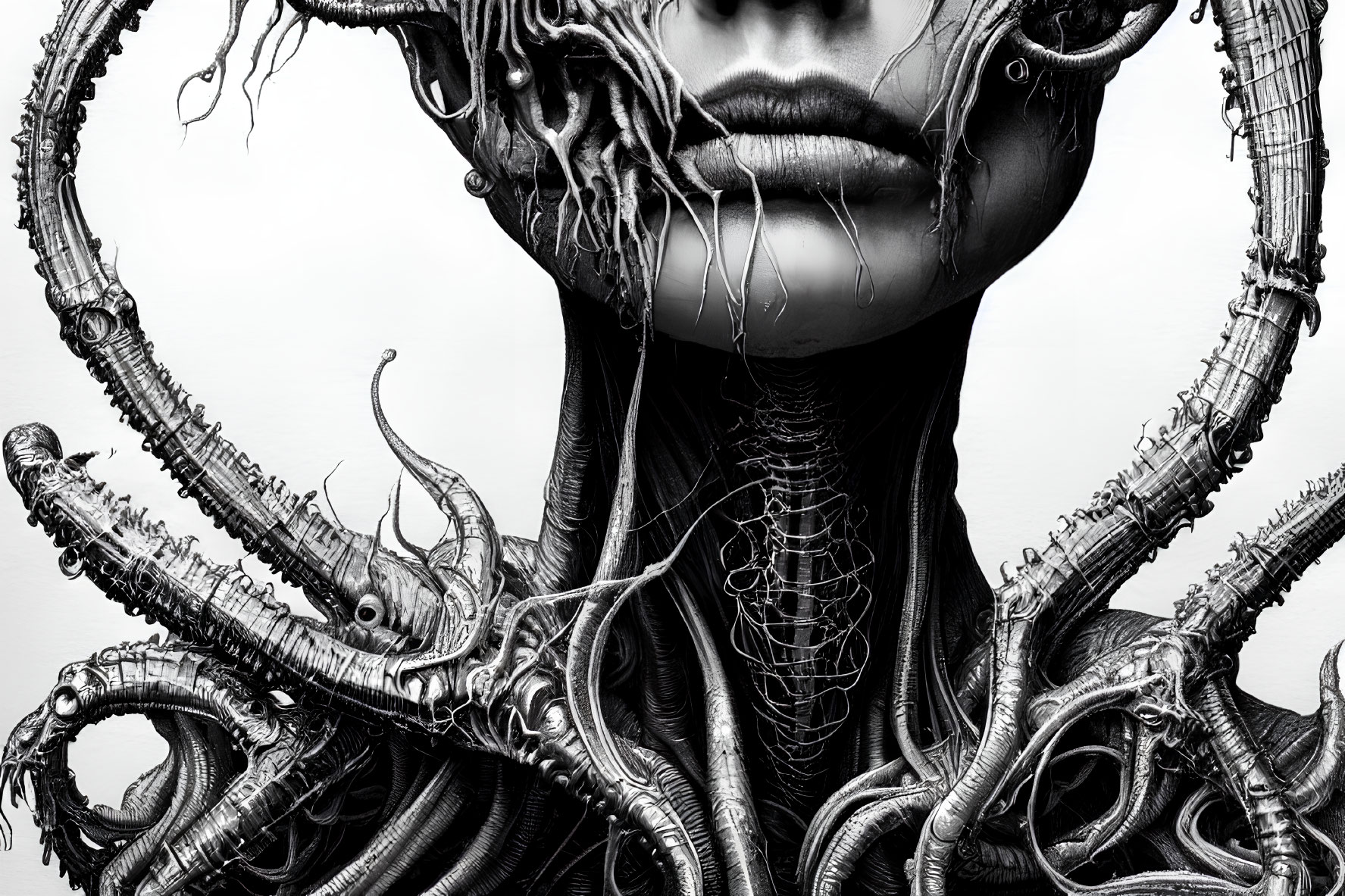 Monochromatic image of person with mechanical tentacles from neck