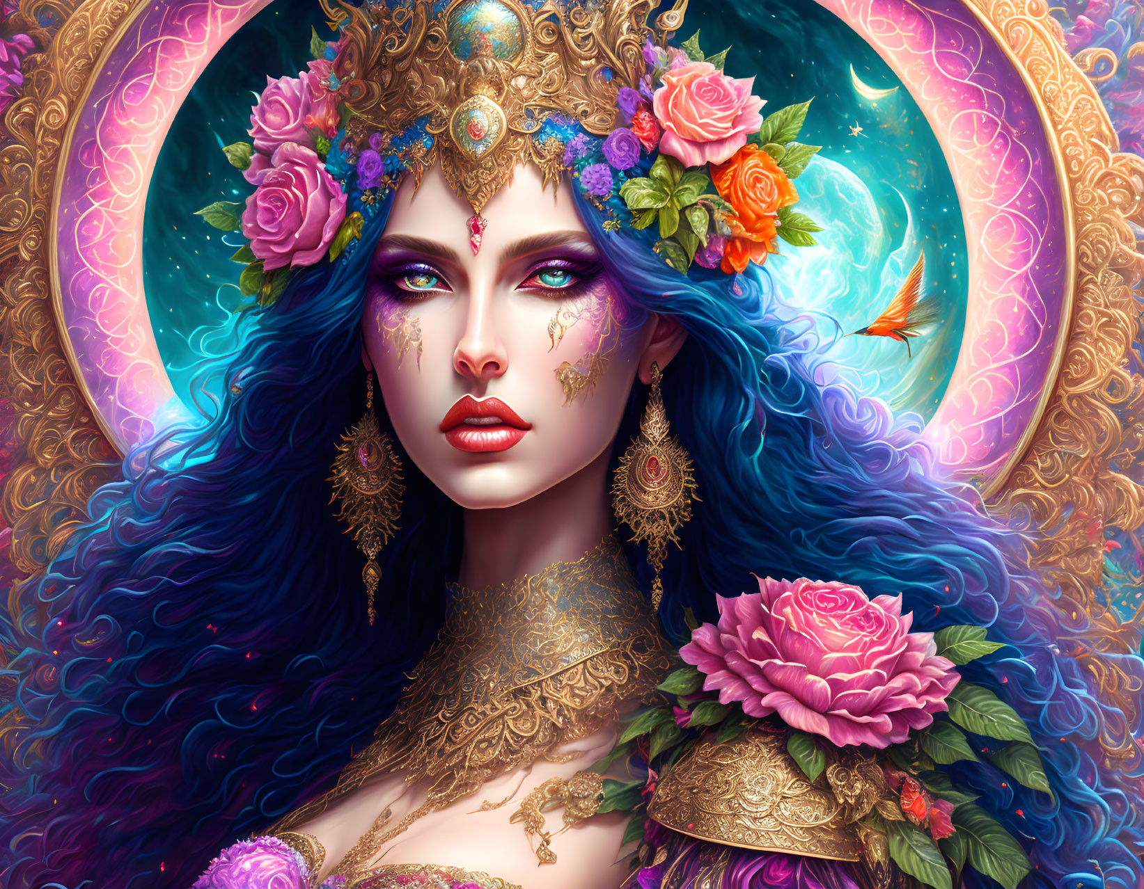 Colorful fantasy illustration: Woman with blue hair, gold accessories, and flowers in celestial setting