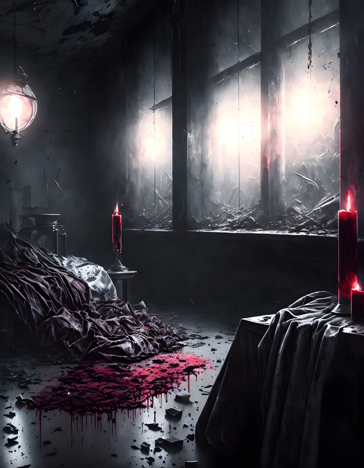 Desolate room with shattered windows, draped bed, and red candles in darkness