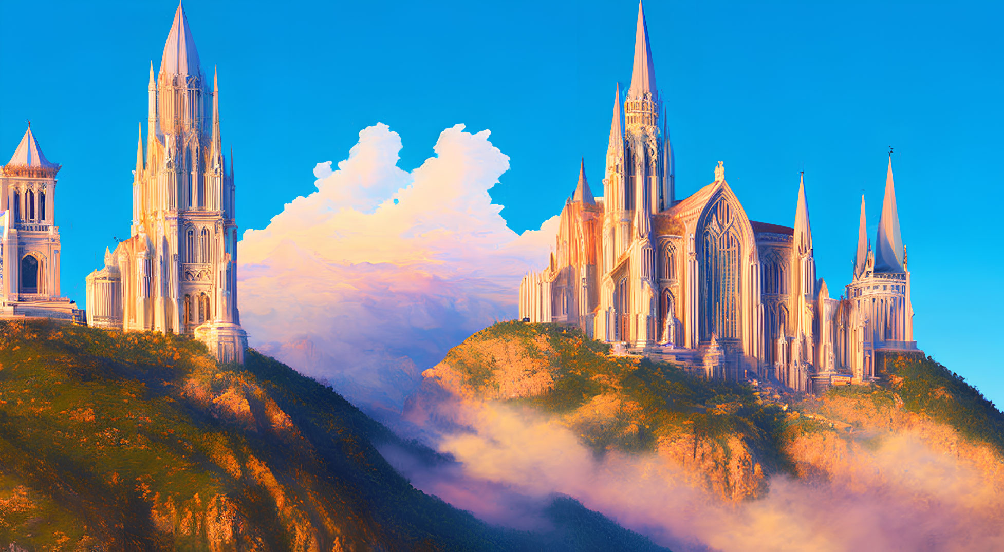 Majestic castles on mountain peaks above clouds at sunset