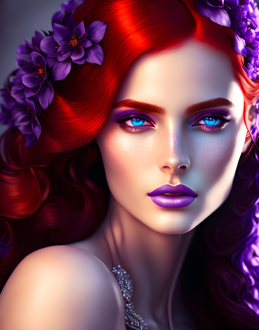 Colorful digital portrait of woman with red hair, blue eyes, purple lipstick, and floral adornments