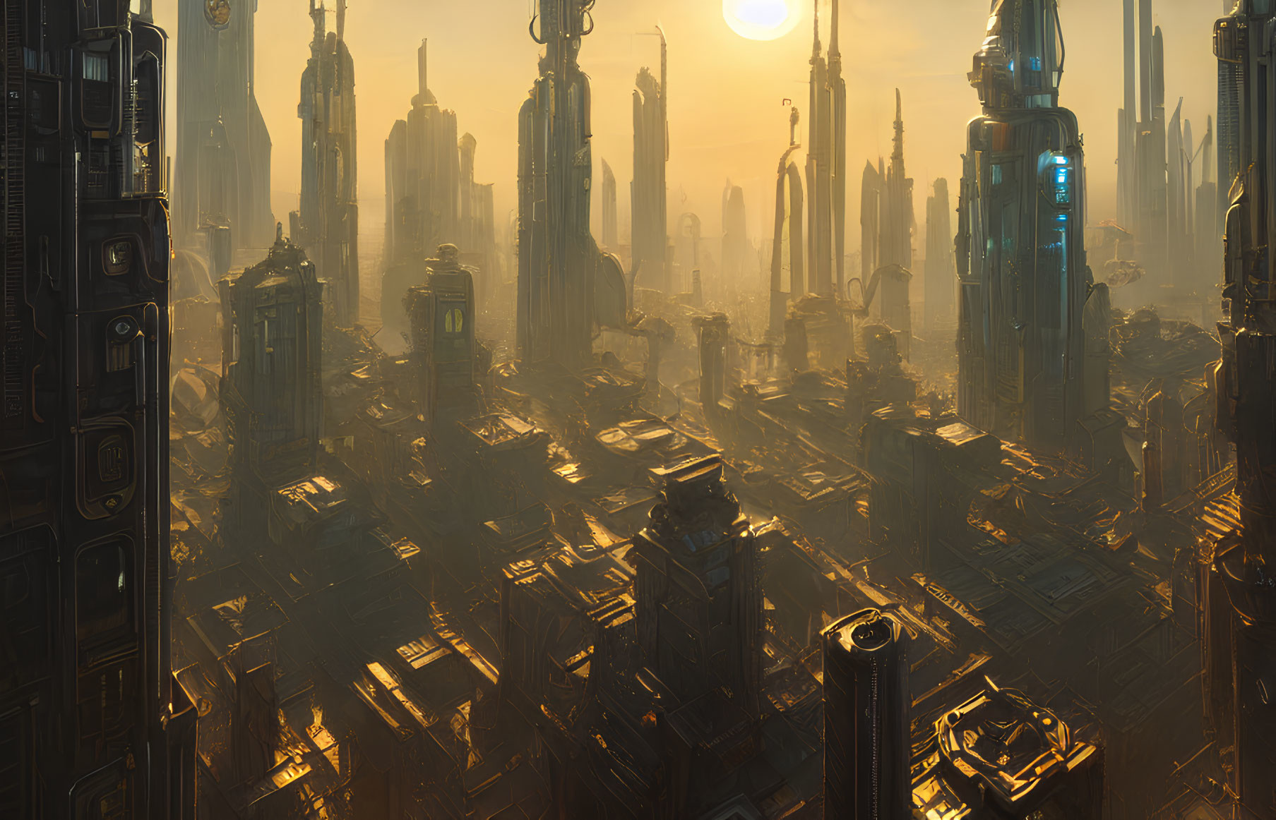 Futuristic cityscape with golden sunlight and skyscrapers