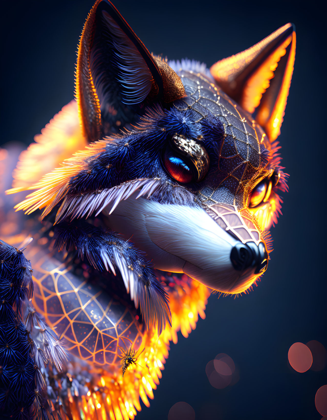 Stylized fox digital art with geometric patterns in deep blue palette