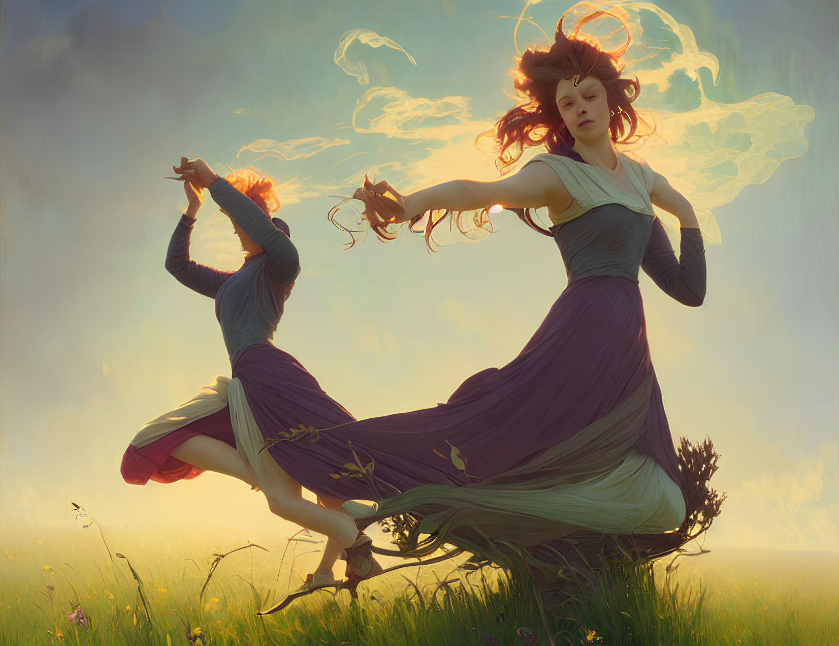 Ethereal women dancing in sunlit field with flowing dresses and hair